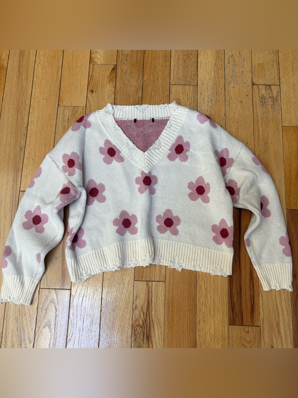 Floral V-Neck Cropped Knit Sweater - Pink Floral on Cream